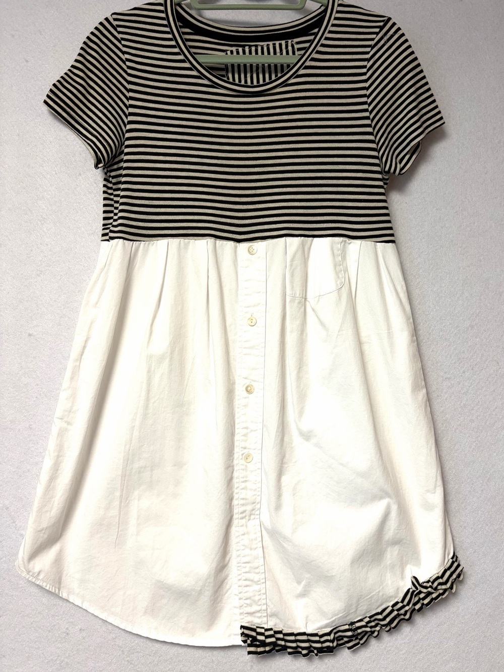 Black &Tan Striped Babydoll Dress White Button Front Skirt Lagenlook Minimalist